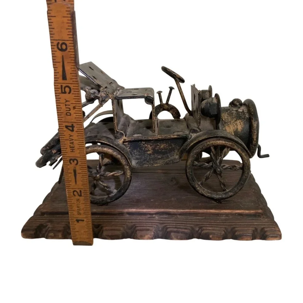 Vintage Chippy Rusty Metal Model Car Sculpture On Wooden Base Lobeco Spain